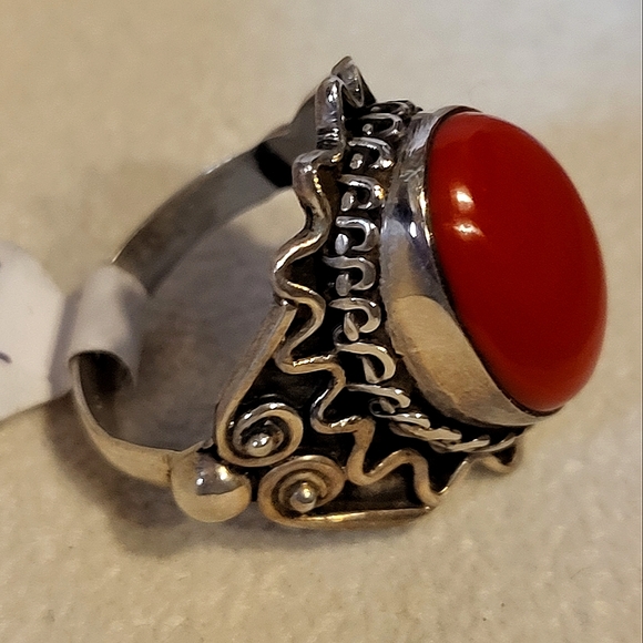 Bohemian Boho .925 Sterling Silver  Red Coral Ring Size 7 3/4 (New) - Picture 3 of 3